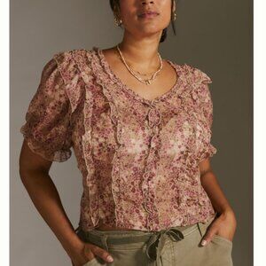 Anthropologie Floral Puff Sleeve Sheer Chiffon Blouse Top Multi Color Sz Xs